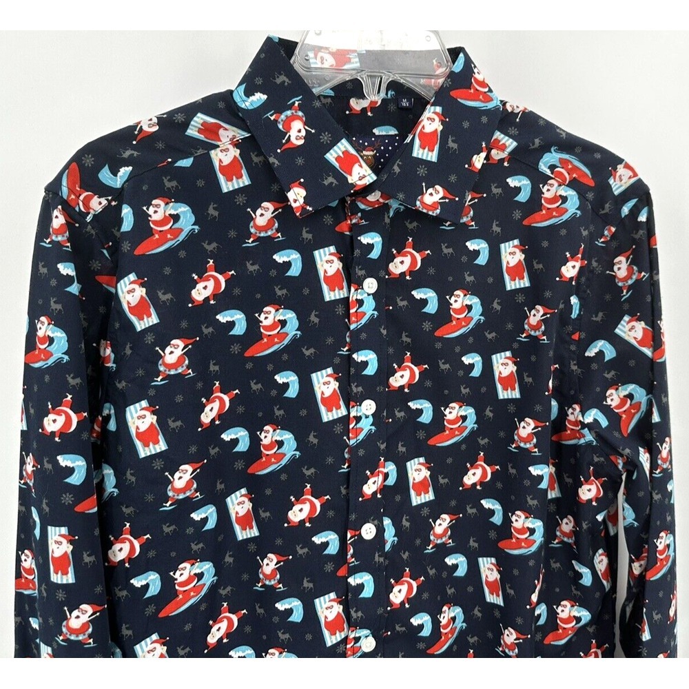SIMON BANKS SURFING SANTA BUTTON FRONT CHRISTMAS‎ SHIRT Men's Size Medium Blue